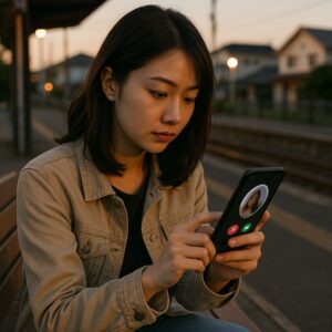 地方の小さな駅前のベンチで、スマホのマッチングアプリ画面を真剣に確認している日本人女性の写真風イメージ