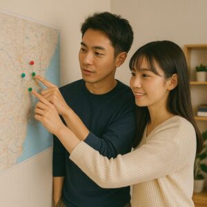 壁に貼った広域地図を見ながら、サークルでマップピンを広げて「出会える範囲」を考えている日本人男女の写真風イメージ