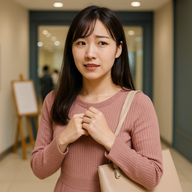 受付前で少し緊張しながらも、婚活パーティー会場に向かう日本人女性