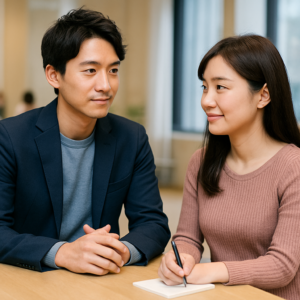 テーブル越しに向き合い、落ち着いた表情で会話を交わす日本人男女