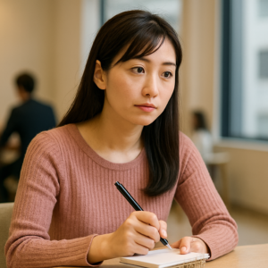 メモを取りながら真剣に相手の話を聞いている日本人女性