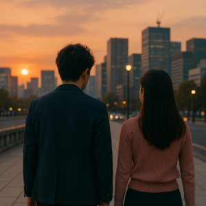 夕方の街並みを背景に、将来を考えるように並んで歩く日本人男女の後ろ姿