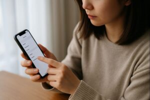 アプリ設定画面を慎重に確認する日本人女性の手元アップ