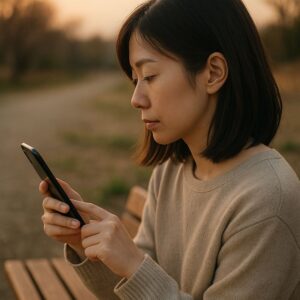 ベンチに座り、横顔だけが見える構図でスマホを操作する日本人女性