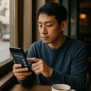 カフェの窓際でスマホのプライバシー設定を開いている日本人男性の写真風イメージ