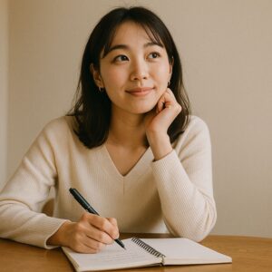 ノートにお相手への質問をメモしながら前向きな表情で考えている日本人女性
