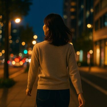 夜の街を背景に、前向きに歩き出す日本人女性の後ろ姿