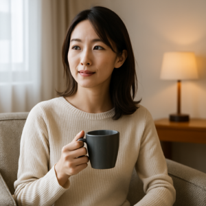 仕事終わりに静かな部屋でコーヒーを飲みながら、自分の時間を大切にしている日本人女性