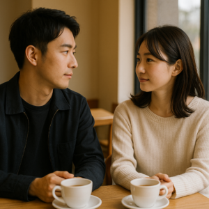 週末のカフェで向かい合い、落ち着いた表情で会話を交わす日本人男女