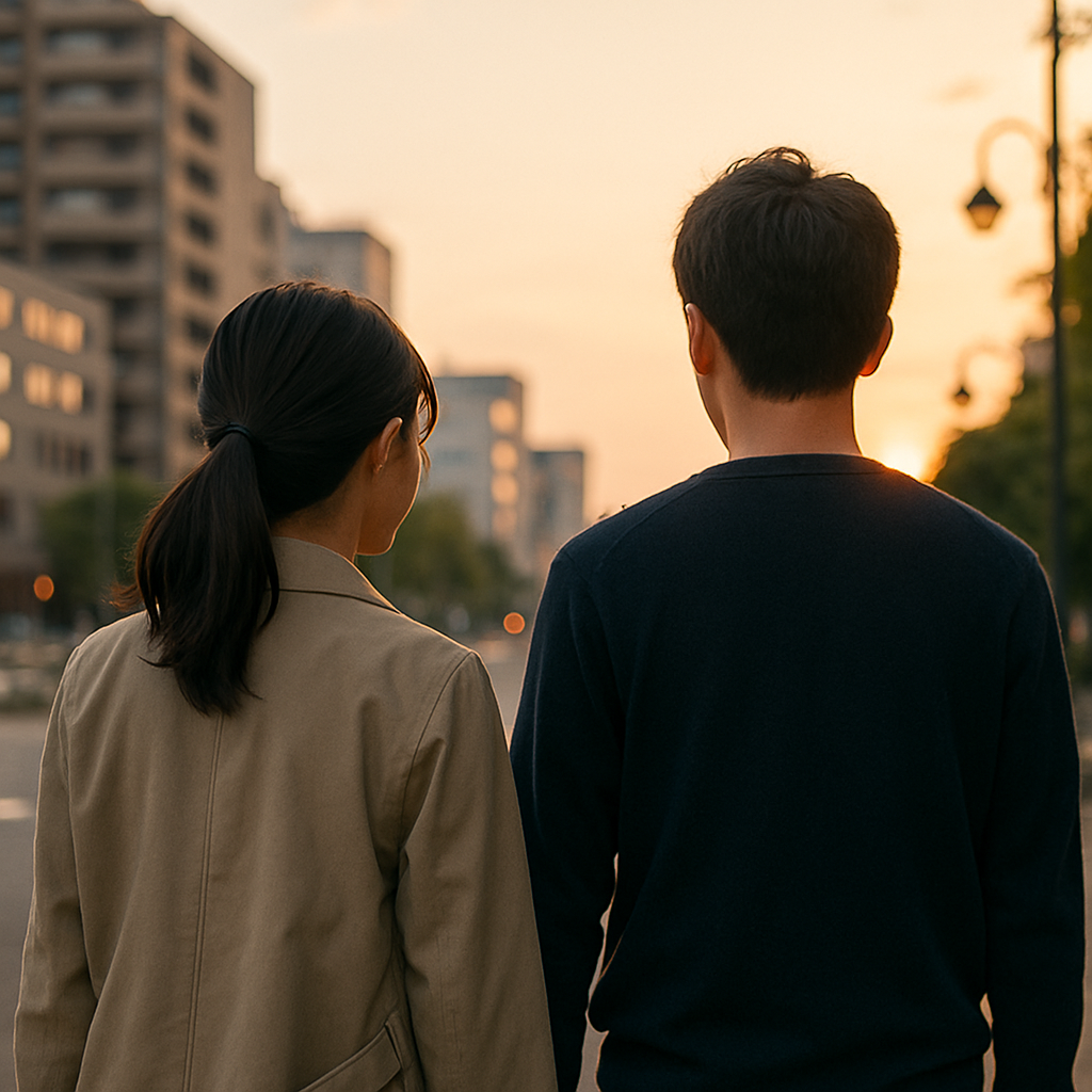 週末の夕方、街並みを背景に静かに並んで歩く日本人男女の後ろ姿
