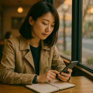 カフェの窓際で、仕事帰りの日本人女性がノートとスマホを並べ、恋人へのメッセージをゆっくり打ち込んでいる写真風イメージ（室内・夕方・文字なし・正方形・軽量）