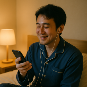 ベッドの上でナイトウェア姿の日本人男性が、イヤホンをつけてボイスメッセージを再生しながら微笑んでいる写真
