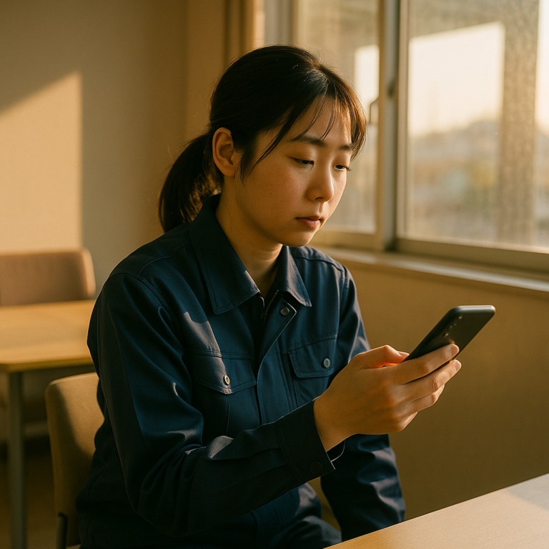 夜勤明けの早朝、制服姿のままスマホを見つめる日本人女性と、差し込む朝日が窓から入る休憩室の写真風イメー