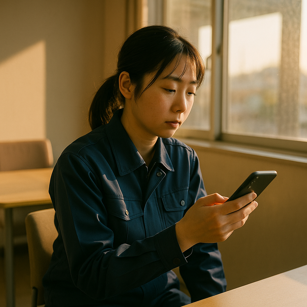 夜勤明けの早朝、制服姿のままスマホを見つめる日本人女性と、差し込む朝日が窓から入る休憩室の写真風イメー