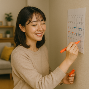 自宅のリビングで、壁に貼った月間カレンダーに色ペンでシフトと「会える日」を書き込みながらほっと微笑む日本人女性の写真風イメージ