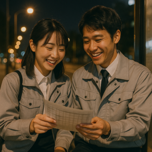 夜の街に向かうバス停で、制服姿の日本人男女カップルがシフト表を一緒に見ながら笑い合っている写真