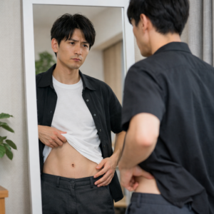 痩せすぎに悩み、鏡の前で自分の体型を気にしている日本人男性