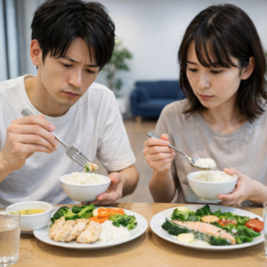 食事管理用のバランスの取れた食事を前に、完食を目指して真剣な表情の日本人男女