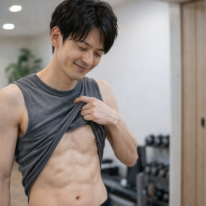 トレーニング後、体の変化を実感して安心した表情を見せる痩せ型の日本人男性