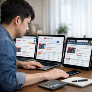 複数のフリマ・オークションサイトの価格を比較し、効率よく仕入れ計画を立てている日本人男性