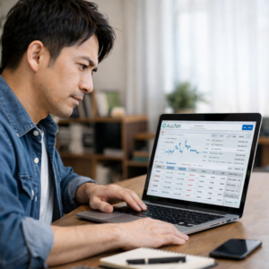 オークファンの相場データを確認しながら、仕入れ可否を冷静に判断している日本人男性