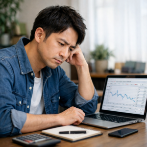 仕入れ判断に迷い、ノートパソコン画面を前に相場を調べている日本人男性