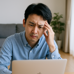 家計がピンチでニチデンに融資を申し込むか？悩む男性。