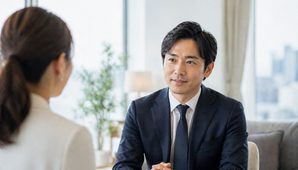 結婚相談所でカウンセリングを受ける日本人男性の様子
