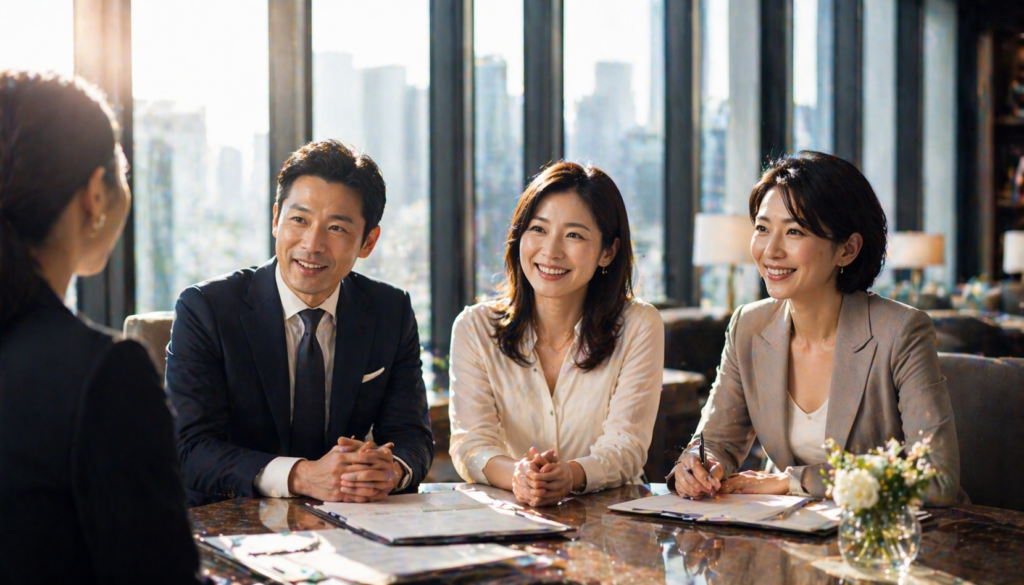 東京・恵比寿と銀座に拠点を置く結婚相談所ハッピーカムカムの、信頼感あふれるカウンセリング風景をイメージした高品質な画像