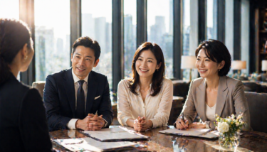 東京・恵比寿と銀座に拠点を置く結婚相談所ハッピーカムカムの、信頼感あふれるカウンセリング風景をイメージした高品質な画像