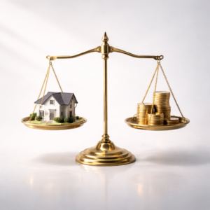 不動産担保価値と融資額のバランスを象徴するイメージ画像。