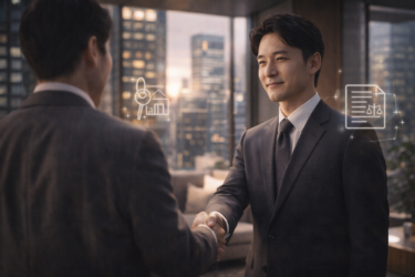 トラストホールディングスの不動産担保ローン相談イメージ。千代田区の洗練されたオフィスで専門スタッフが親身に対応する様子。