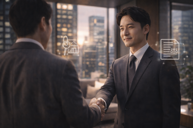 トラストホールディングスの不動産担保ローン相談イメージ。千代田区の洗練されたオフィスで専門スタッフが親身に対応する様子。