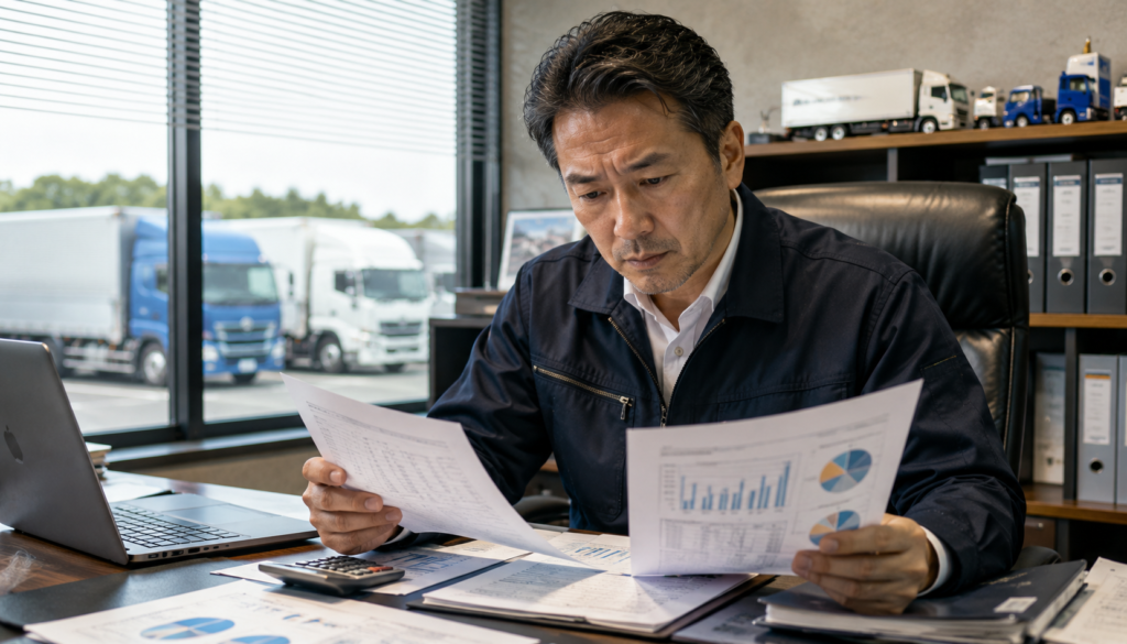 運送会社の資金繰りについて確認している日本人経営者