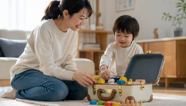 日本人の親子が明るいリビングで英語教材のスーツケースを開きながら楽しく学習を始める様子
