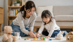 日本人の親子がリビングでぬいぐるみやボードゲームを使いながら英語遊びを楽しむ様子