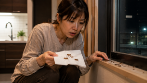 夜間に室内で羽アリを見つけて不安そうな表情をする日本人住宅所有者の写真風イメージ