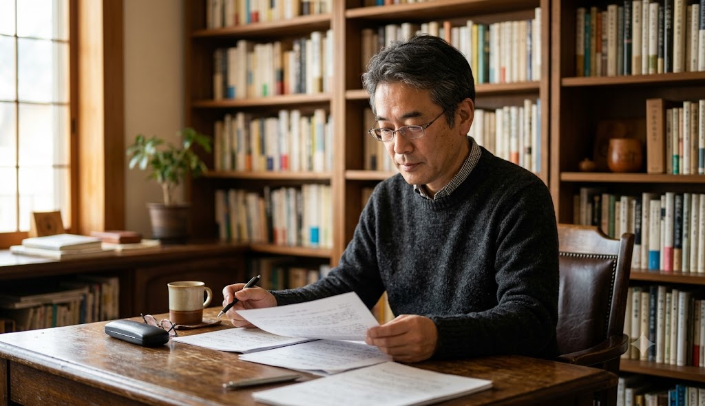 50代の日本人男性が落ち着いたオフィスで眼鏡をかけて書類を読んでいる様子