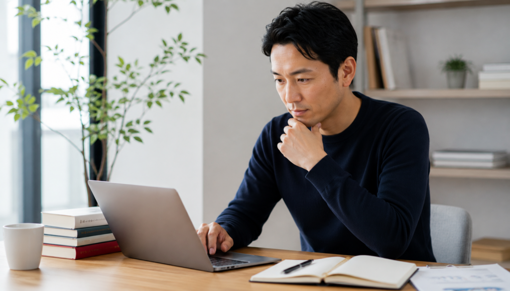 GSR体験セミナーの料金を比較検討する日本人男性