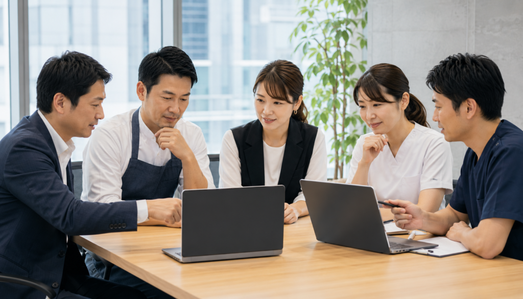 AI検索対策やGoogleマップ集客について検討する日本人店舗経営者たちの会議風景