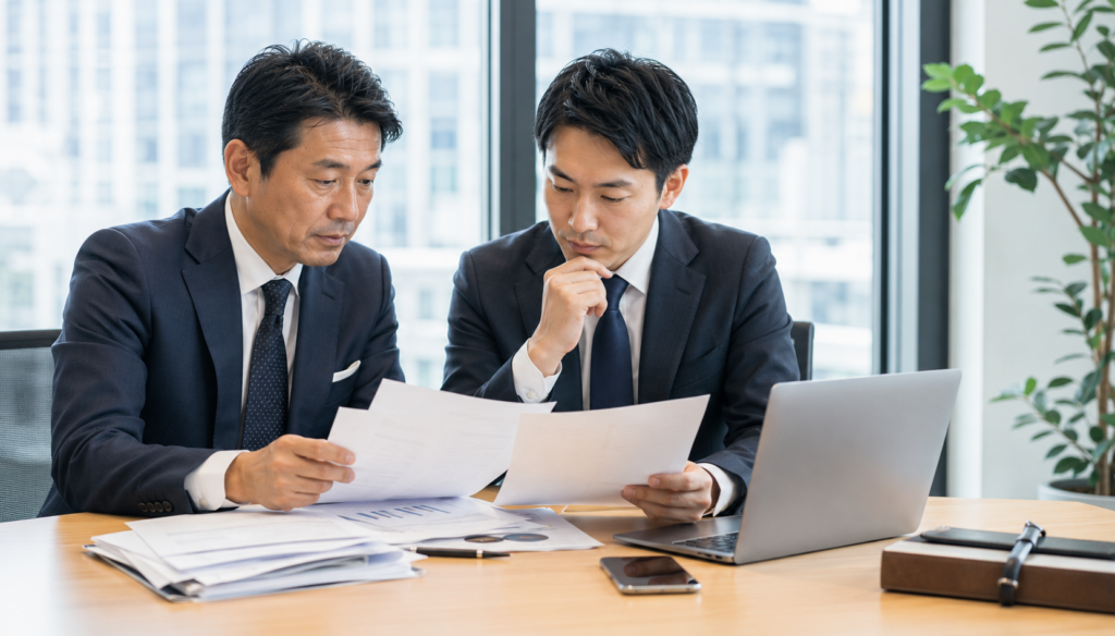 資金繰りに悩む法人担当者が請求書と資金調達条件を確認している様子