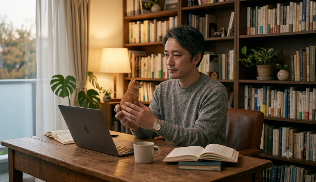 書斎でペットフィギュアを手に取り考える男性のイメージ