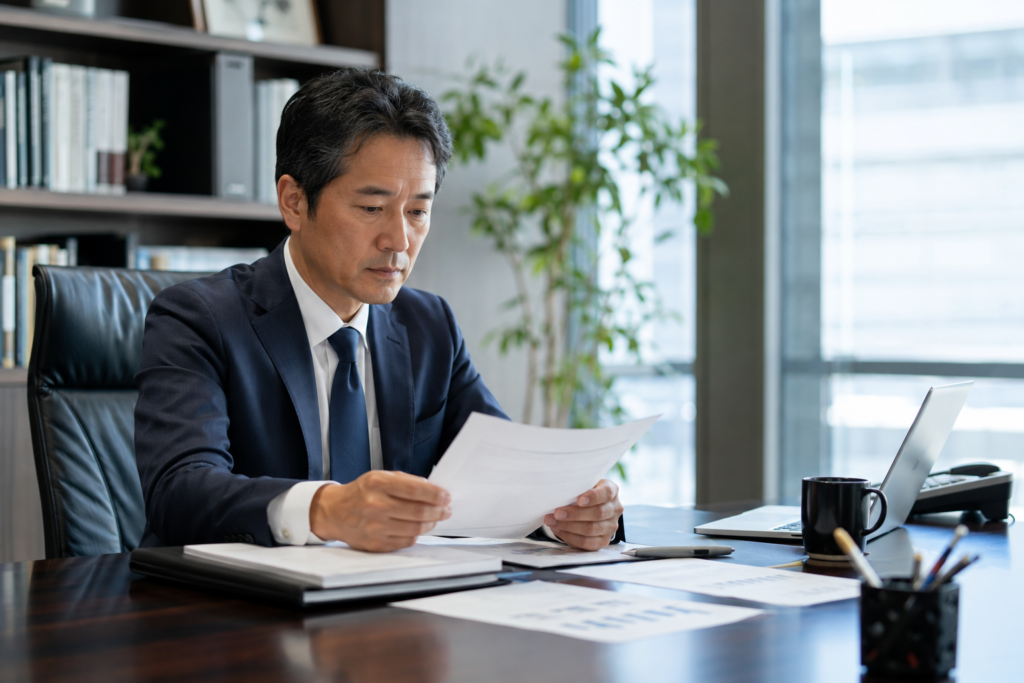 不動産担保ローンの申込書類を確認するビジネスマン