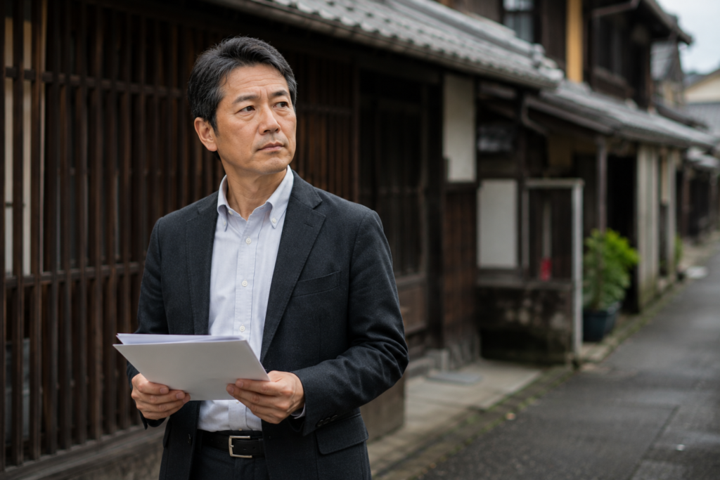 古い路地の前で書類を持ち考え込む男性