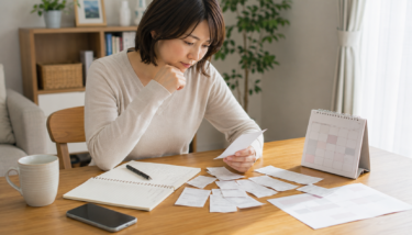 浮気を疑い行動記録やレシートなどの証拠を整理する日本人女性