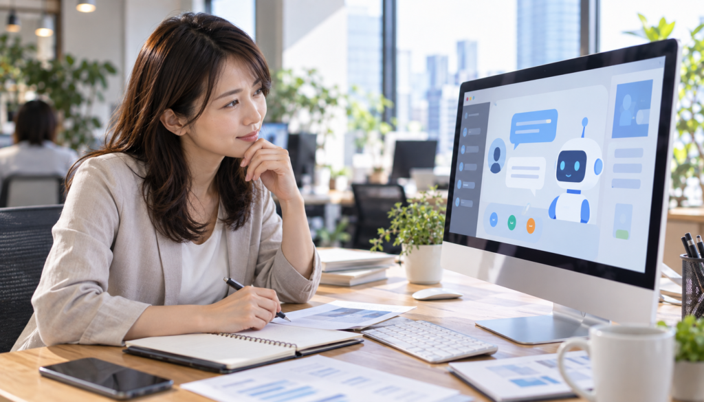 ホームページ用AI接客サービスの口コミや機能をパソコンで慎重に確認する日本人Web担当者