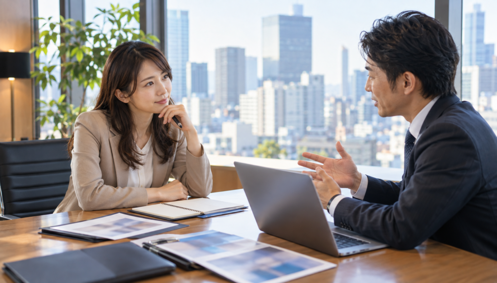 ハイクラス転職を検討する日本人ビジネスパーソンがキャリアアドバイザーと面談している様子